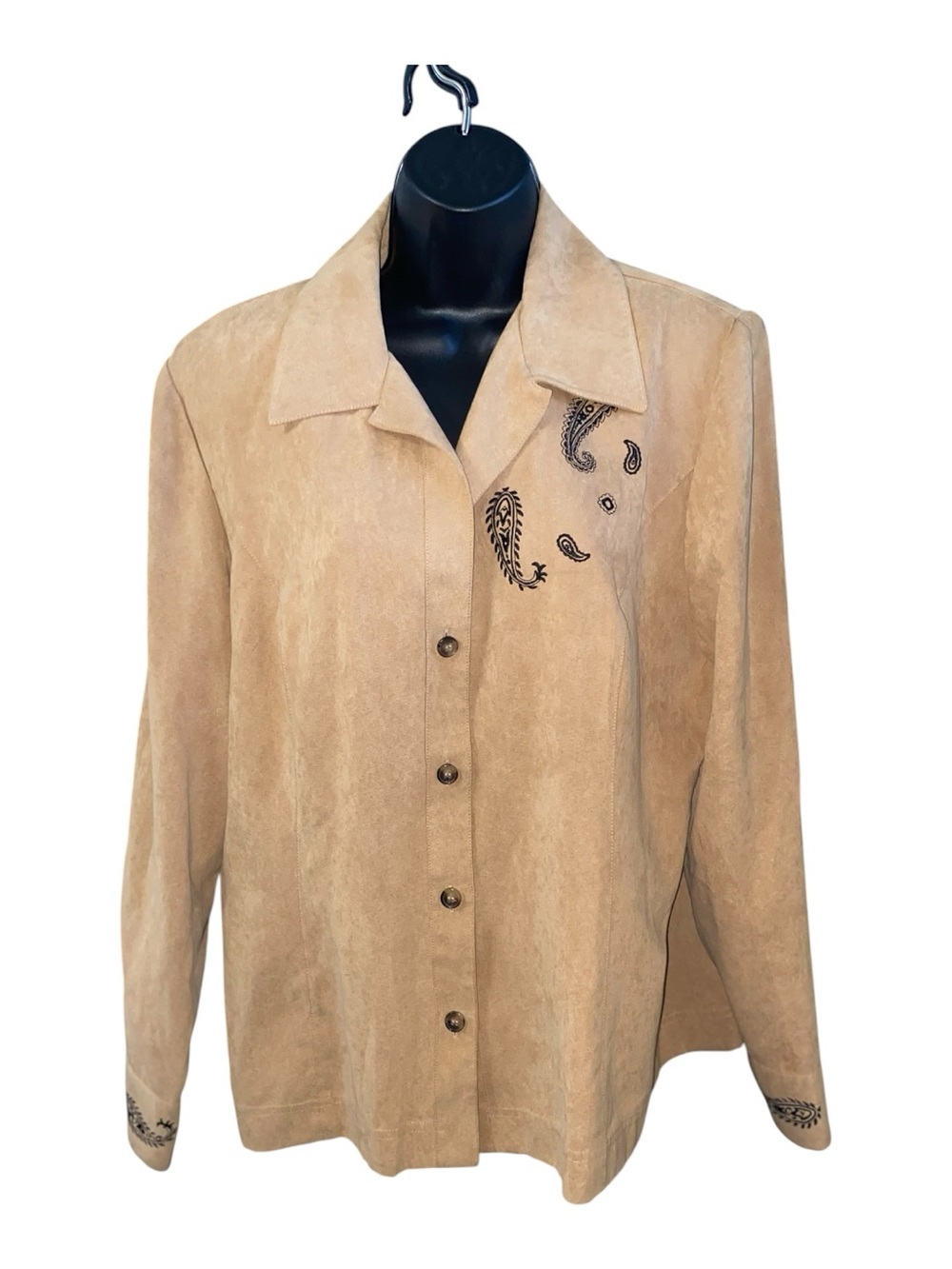 STUDIO I Vintage Women's Western Paisley Faux Suede Shirt Tan Button up Size 16